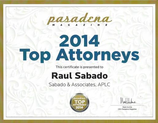 Prof. Sabado was recognized again in 2014 as a Top Attorney for Criminal Defense in the San Gabriel Valley by Pasadena Magazine