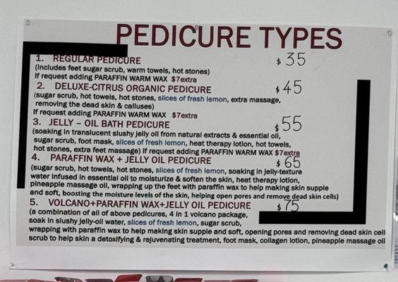 Prices (as of 6-2024) for Pedicure Services