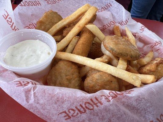 Sampler:  fried pickles, jalapeño poppers, fries & cheese sticks