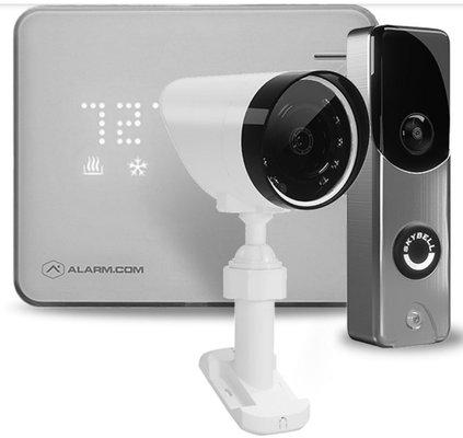 Alarm.com com outdoor and doorbell camera and thermostat