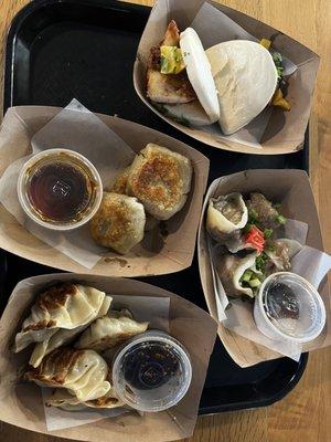 Fried Chicken Bao, Garlic Mushroom Dumpling, Beef Jiaozi, Pan Seared Pork Potsticker