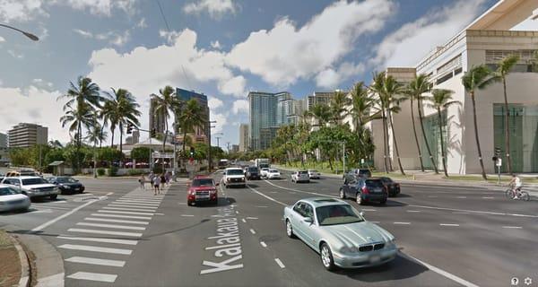 "Kapiolani & Kalakaua' the old Hard Rock Cafe, at left, Convention Center, at right, Waikiki straight ahead, Beretania Street behind you.