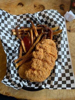 Out of steak strips so chicken strips and fries. Burnt old fries and chicken Pattie's? Ugh. Why come?