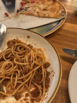 Bolognese and cheese pizza