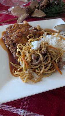 Shrimp egg foo young, beef lo mein and rice