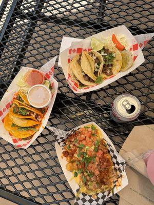 Birria soft tacos on the left and carne asada on the right.