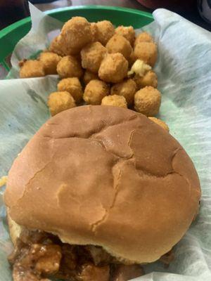 BBQ pork on bun (you chose your bread) and hot pepper cheese cubes