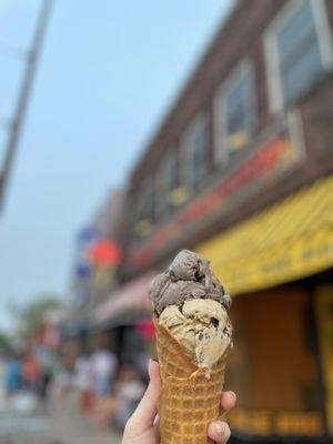 waffle cone split single scoop: s'mores on top and coffee break on bottom