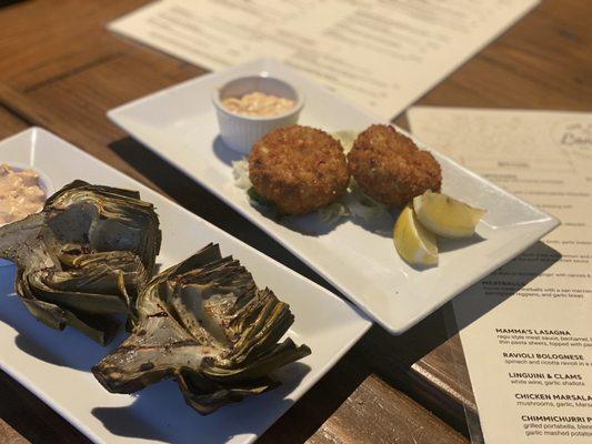 Grilled Artichokes and Crab Cakes