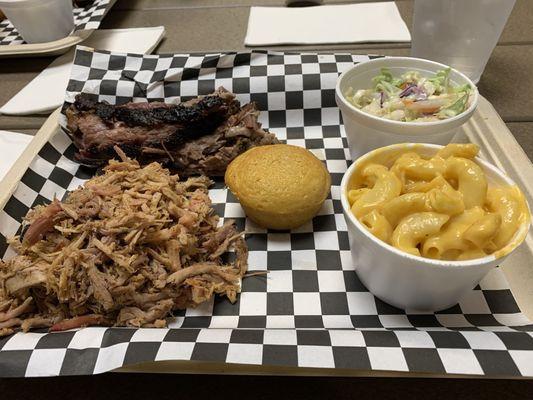 Pulled Pork and Brisket 2 meat plate with Mac & Cheese and Cole Slaw sides