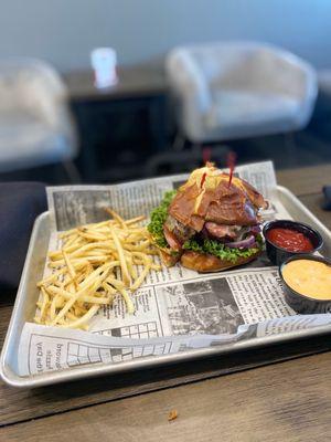 Angus short rib and brisket blend burger with English bacon and cheddar shoe string style fries