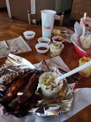 Spareribs with coleslaw and Mac n cheese.