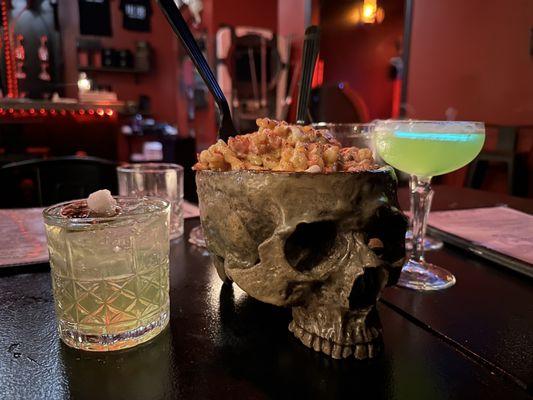 Bacon Mac & Cheese served on a Skull bowl to share "brains"