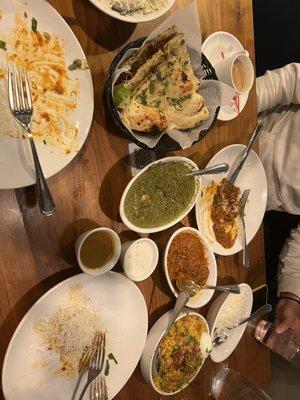 Garlic naan, fish biyrani, curry chicken, saag paneer