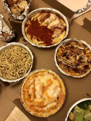 Baked Ziti, Pasta with Garlic and Oil Pasta (linguine), Chicken Parmigiana w/ penne, Penne Vodka with Chicken, 5 Garlic Knots