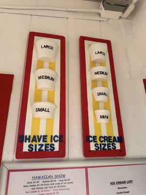 Shaved ice and ice cream sizes