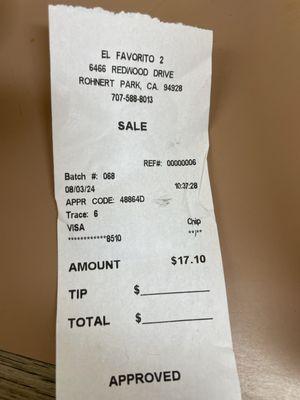 Receipt for chorizo con huevos & agua fresca