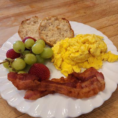 First Breakfast of the season. A requested Scrambled Egg Breakfast with Fresh Eggs from my own Chickens.