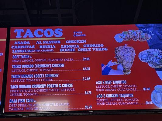 Tacos menu