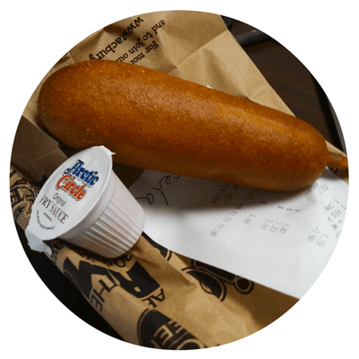 CORN DOG!!!!! Dipped in AC fry sauce! Can lunch get more delicious? I submit that it cannot!