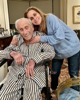 My 96 year old dad and myself, earring his new Sleepy Jones Pajamas. His smile is worth a million dollars.