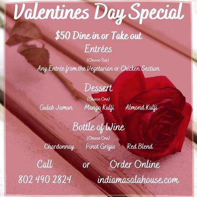 Available for dine in or take out. Reservations recommended to dine in. Call 802 490 2824 or order take out online at indiamasalahouse.com