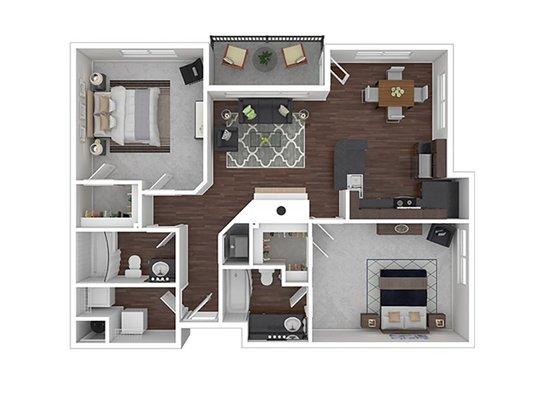 2 Bedroom 2 Bath B, 1057 sq. ft.