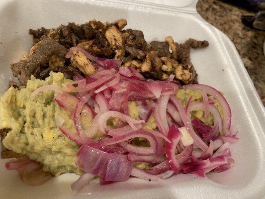 Mangu with steak and chicken