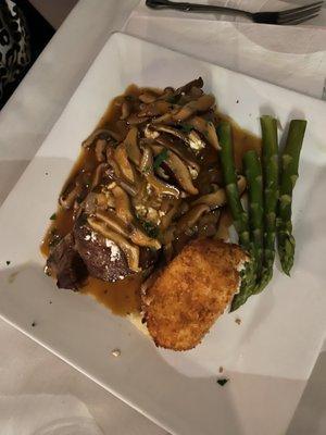 NY strip prime w madera wine sauce  Goat cheese and Shittake mushrooms