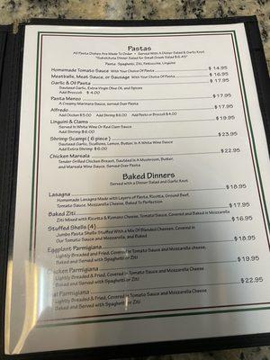 Pasta menu