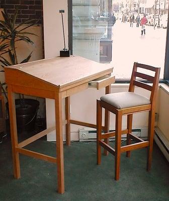 The Chester Stand Up Work Desk with Strafford style stool, both in Cherry.