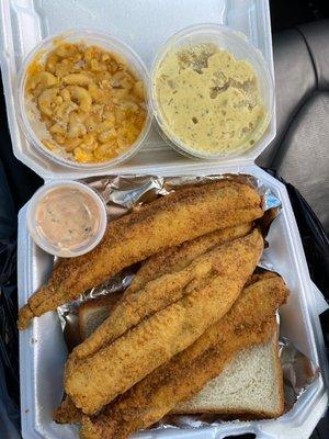 That's some good damn portions (fried fish, potato salad & Mac) (@feedthestrEATS on instagram)