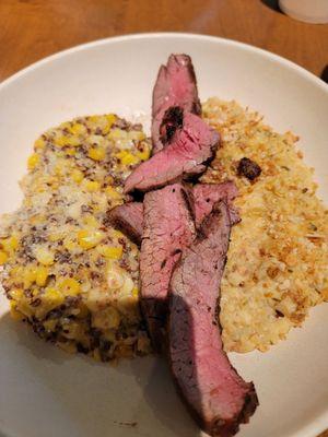 Steak plate with cauliflower risotto and corn quinoa