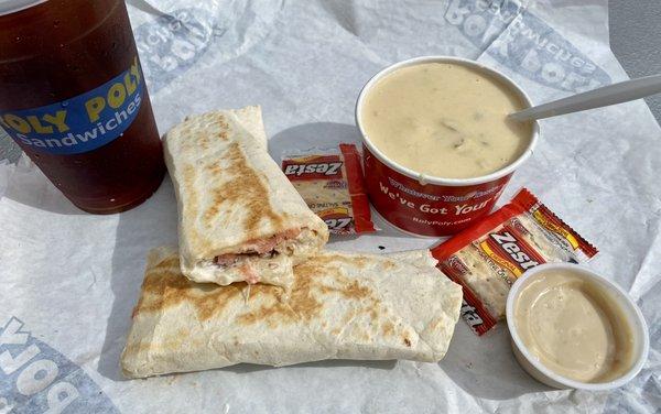 Chicken Corden Bleu Wrap Combo, with a side of Loaded Baked Potato Soup and Iced Tea.