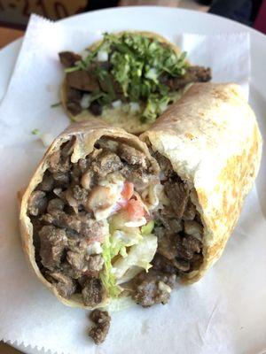 Inside the steak burrito and lengua (tongue) taco in the background