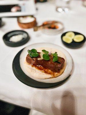 Lamb Barbacoa Taco, sourdough flour tortilla, iacopi english pea puree, ramps, pea tendrils