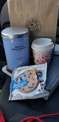 white chocolate powder $13, small coffee $1.95, Lenny and Larry's cookie $2.60