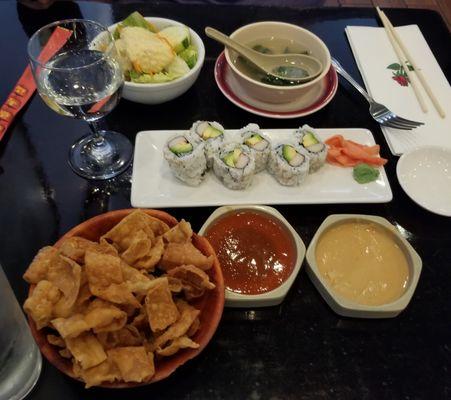 Miso Soup, Salad, CA Roll, Sake Wine, Noodles and Dips