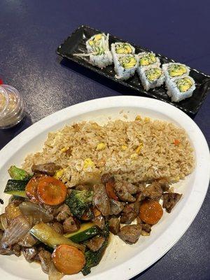 Steak and vegetable dinner plus avocado cucumber roll