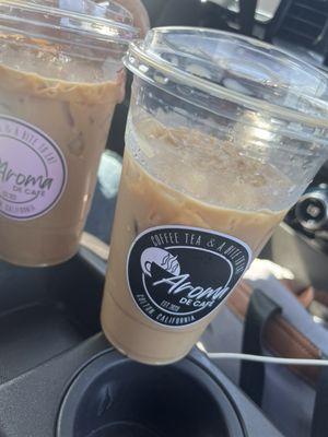 (Left) Vanilla Iced Latte.    (Right) Caramel Iced Latte