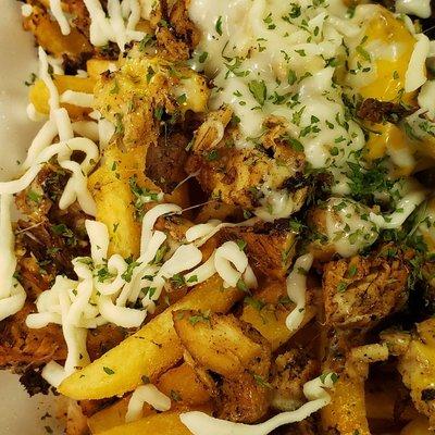 Steak and chicken over frozen fries