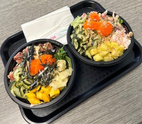 Regular poke bowls with 3 scoops of protein, half rice and half spring salad and favorite toppings