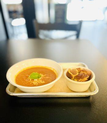 Tomato Basil Soup with Grilled Cheese Croutons