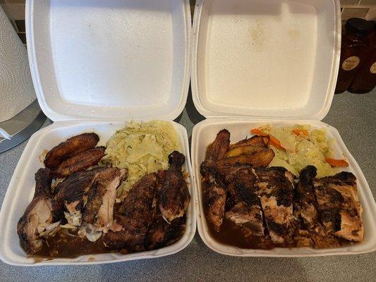 Two dark meat dinner plates. I chose cabbage and plantains as the side the red beans and rice comes with it automatically.