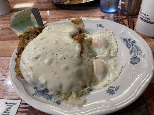 Chicken fried steak and eggs