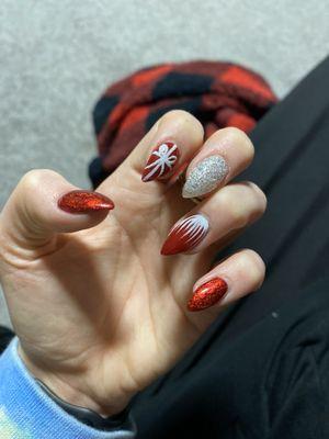 Christmas nails, acrylic, red, foil, sparkles