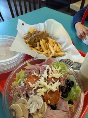 Chili French fries and Antipasto Salad