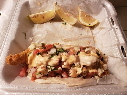 Single fried fish taco (had 3, gave 1 to my brother, ate other one before pic). It was awesome!!