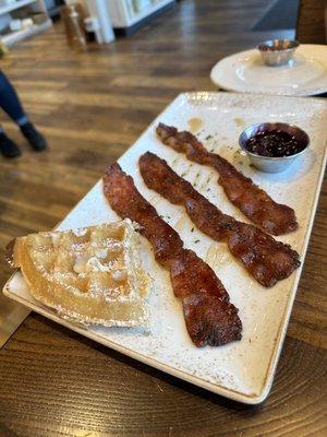 Belgian waffle, million dollar bacon and blueberry compote.