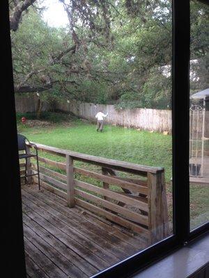 Jaime from Sample Pest Control spraying all over our properties fences for bugs.